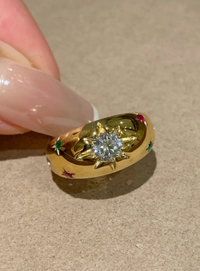 vintage中古多巴胺星芒戒指ins轻奢时尚老钱冷淡风八芒星镶钻戒指