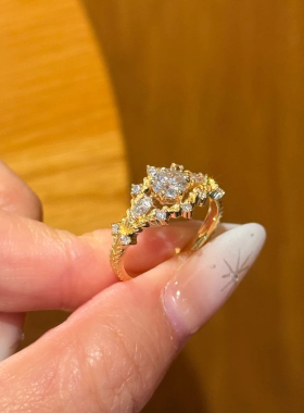 vintage中古枝叶缠绕镀金戒指小众高级感万缕藤蔓手饰锆石钻戒女