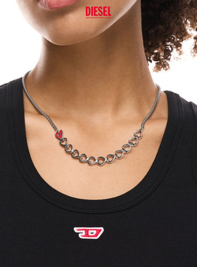 DIESEL男女同款D LOGO红色爱心银色项链DX1666