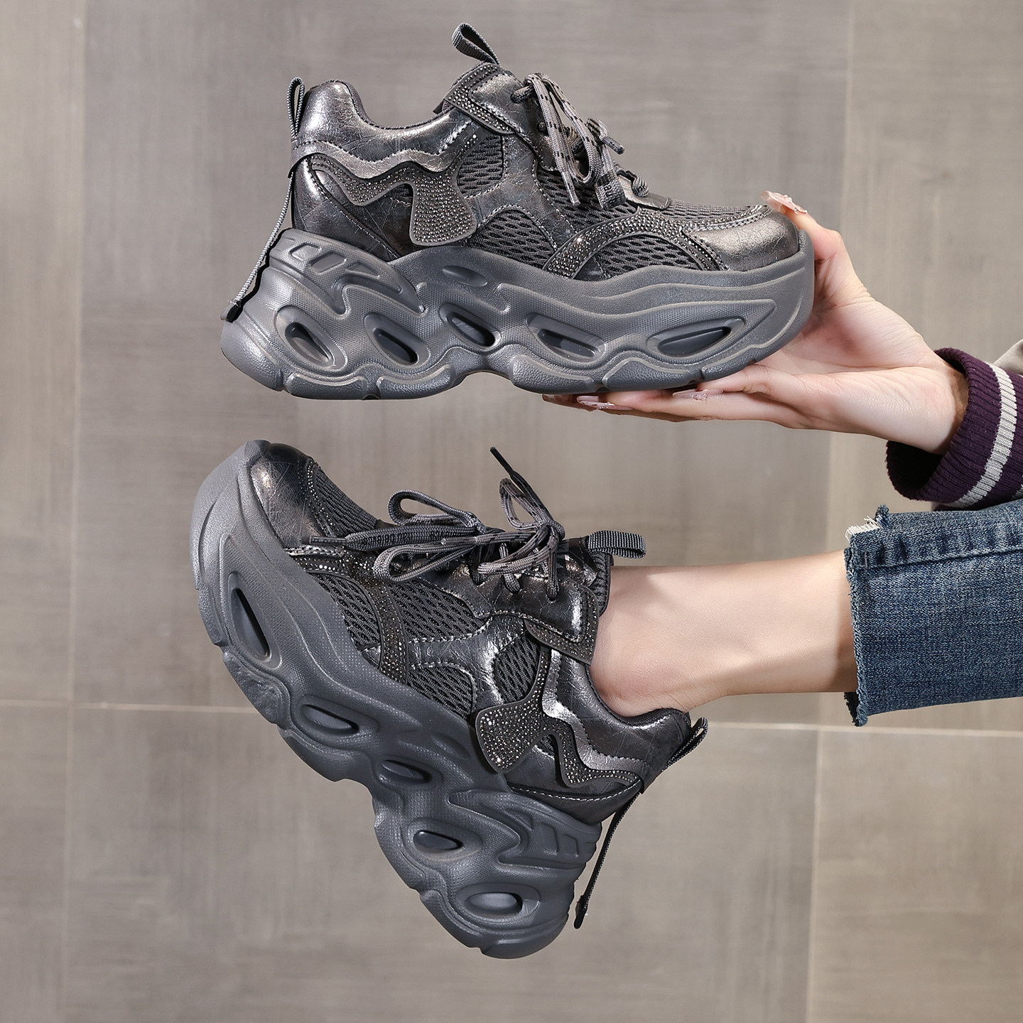 外贸新款超火爆款高跟水钻老爹鞋女款小个子2026春女士松糕鞋软底,淘宝优惠券,粉丝福利购,淘宝优惠卷