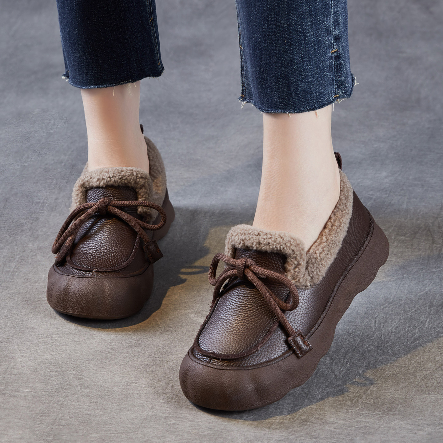 牛皮新款简约平底乐福鞋女款加绒真皮2025冬季休闲丑萌毛毛棉鞋子,淘宝优惠券,粉丝福利购,淘宝优惠卷