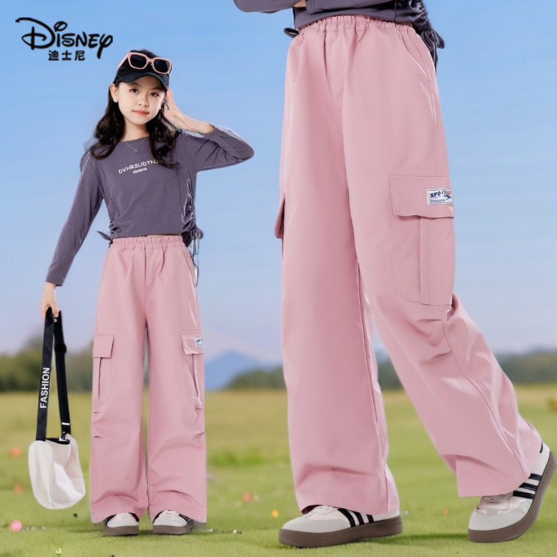 迪士尼大童装女童阔腿裤儿童直筒裤女孩工装裤2025秋冬装加绒裤子,淘宝优惠券,粉丝福利购,淘宝优惠卷