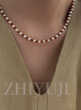 天然珍珠石榴石项链女夏轻奢