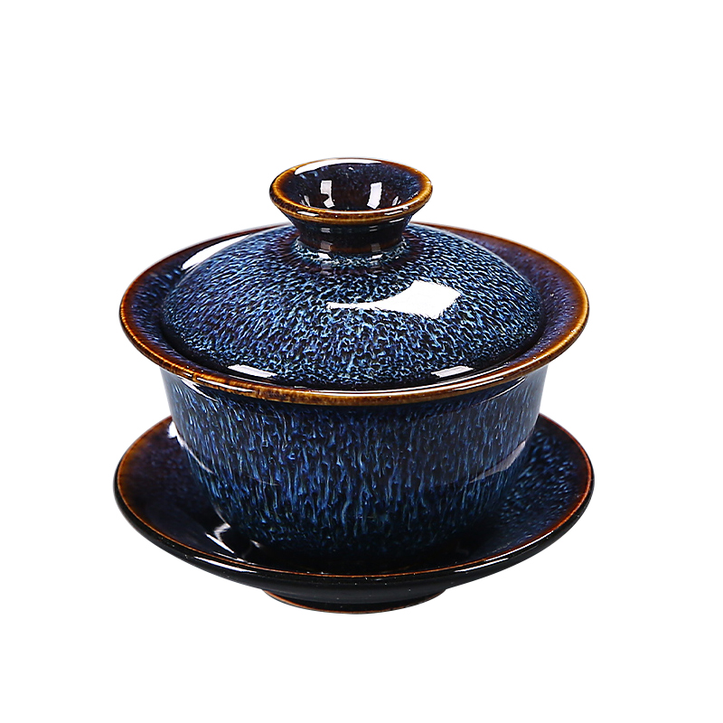 窑变釉蓝盏盖碗陶瓷敬茶杯功夫茶具茶碗三才泡茶器家用中式大容量