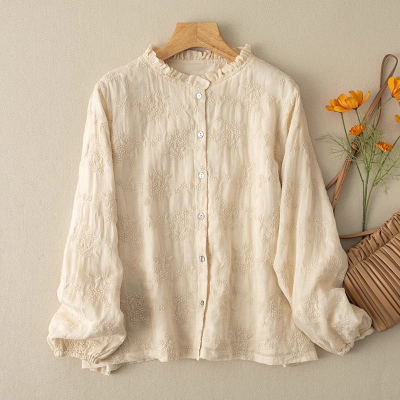 早春纯棉刺绣衬衫女装文艺木耳领衬衣打底衫复古国风全棉长袖上衣 - 图0