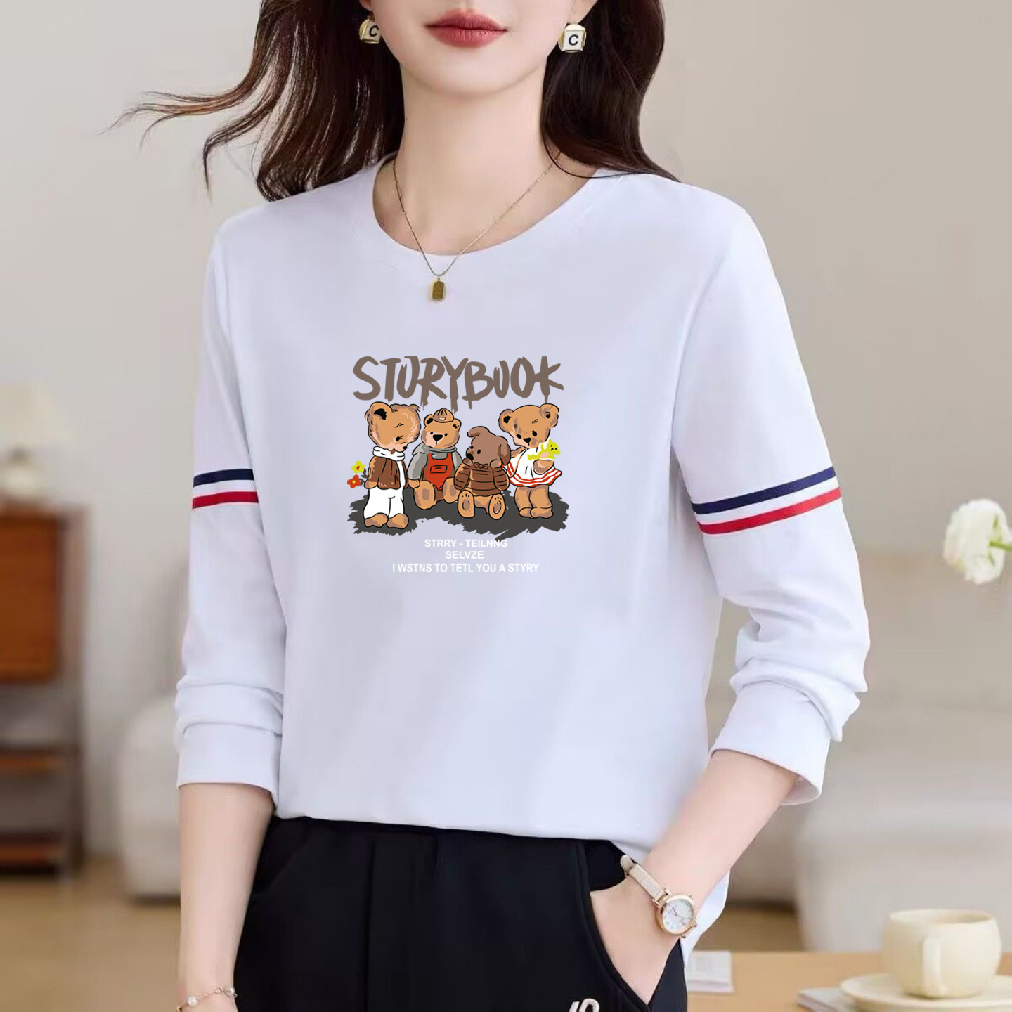 外贸原单女装纯棉长袖T恤女休闲印花内搭打底衫宽松显瘦圆领上衣,淘宝优惠券,粉丝福利购,淘宝优惠卷