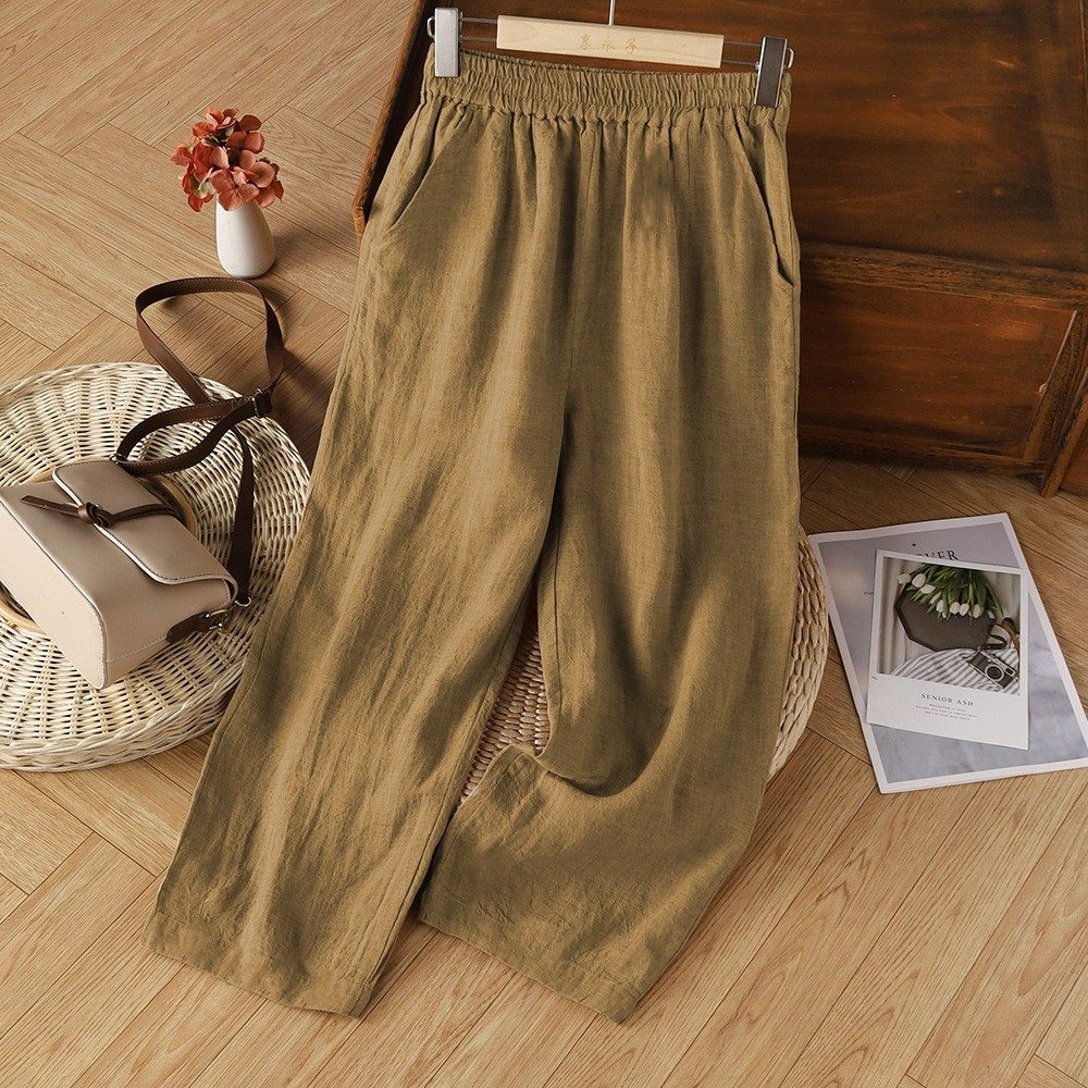 外贸出口品牌折扣大码棉麻七分阔腿裤女文艺复古松紧腰宽松直筒裤,淘宝优惠券,粉丝福利购,淘宝优惠卷