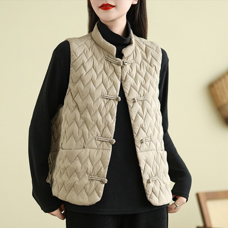 秋冬国风中式马夹外套女复古盘扣轻薄羽绒棉保暖马甲无袖外搭棉衣 - 图0