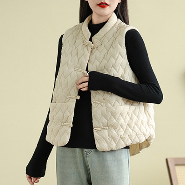 秋冬国风中式马夹外套女复古盘扣轻薄羽绒棉保暖马甲无袖外搭棉衣 - 图1