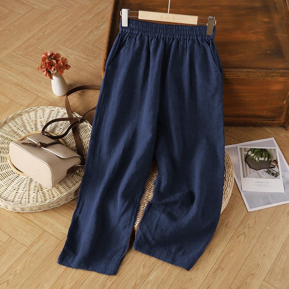外贸出口品牌折扣大码棉麻七分阔腿裤女文艺复古松紧腰宽松直筒裤,淘宝优惠券,粉丝福利购,淘宝优惠卷