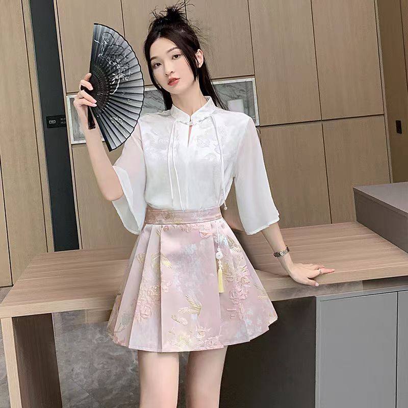 新中式古风马面裙套装女显瘦高腰半身裙中国风新款提花百褶短裙夏,淘宝优惠券,粉丝福利购,淘宝优惠卷