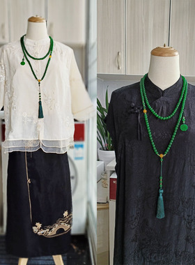 新中式复古斜跨链旗袍叠戴毛衣链配饰国风绿玛瑙长款串珠流苏项链