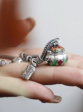 S925银项链 可打开镂空香囊嘎乌盒吊坠女 新中式复古珐琅彩手链