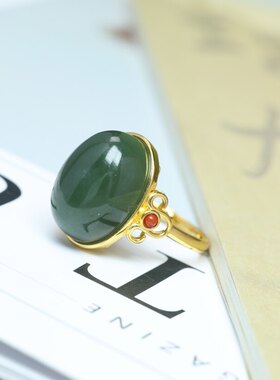 复古和田玉青海料925银镶开口戒