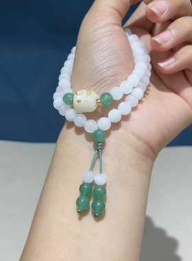 金丝玉白玉多圈手串招财猫双圈