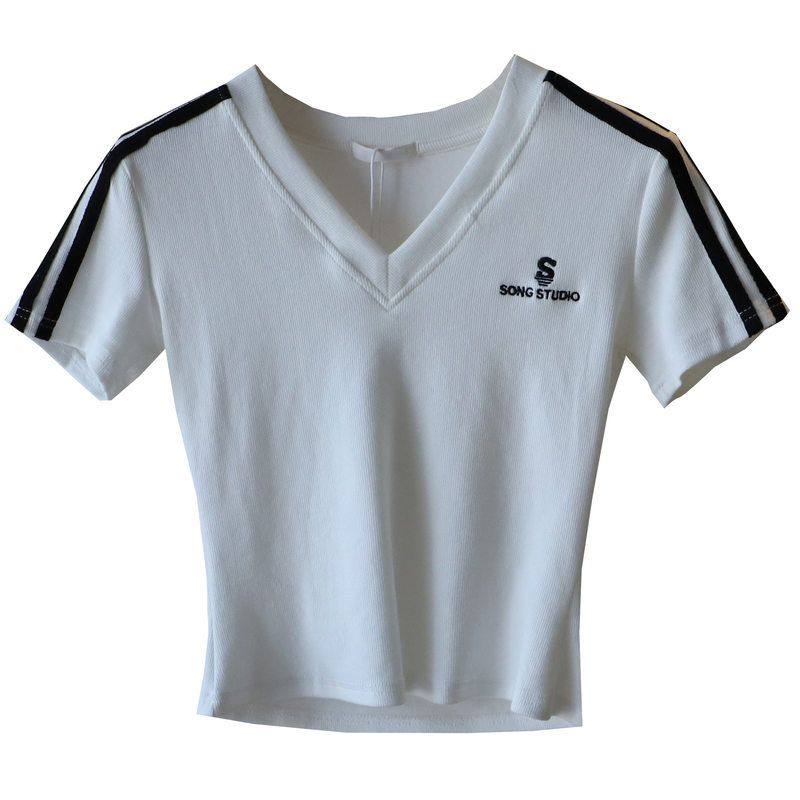 网红热销2025夏季新品韩版撞色V领字母刺绣短袖T恤女3126强明女装