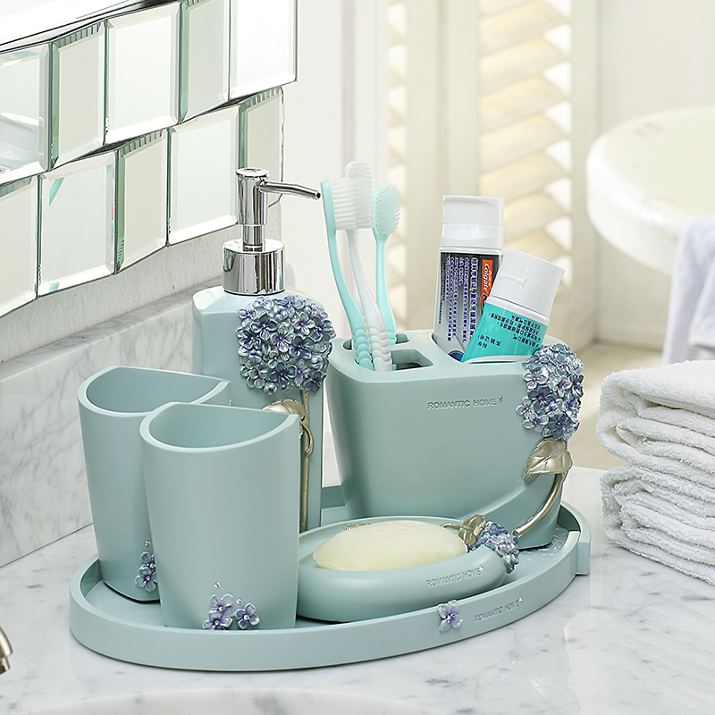 美式卫浴五件套装饰树脂洗漱杯漱口杯浴室收纳牙刷架结婚托盘北欧 - 图3