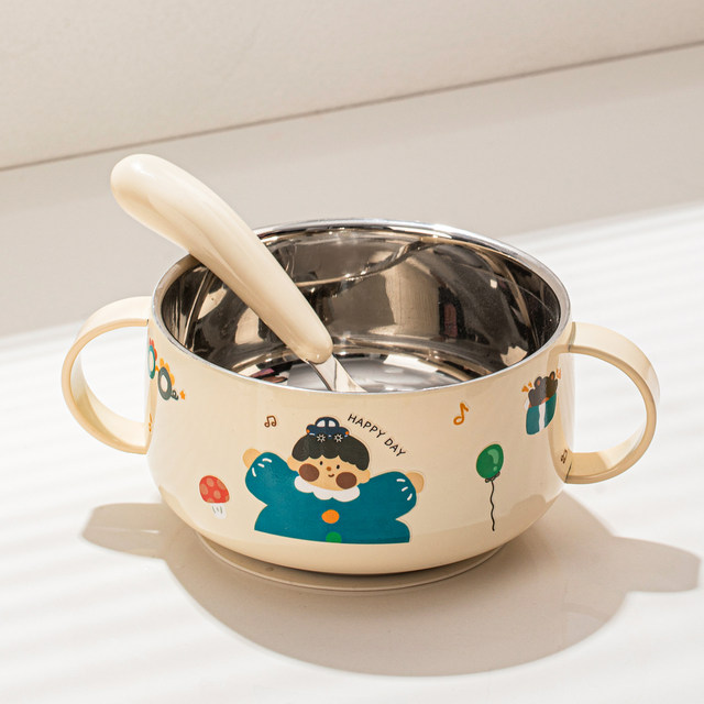 316 stainless steel children's bowl, double ear complementary food bowl, special bowl for eating, baby tableware set, anti-fall baby rice bowl