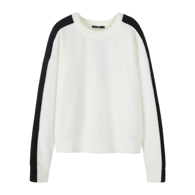 森马女撞色拼接圆领针织慵懒套头衫 森马outlets店毛衣