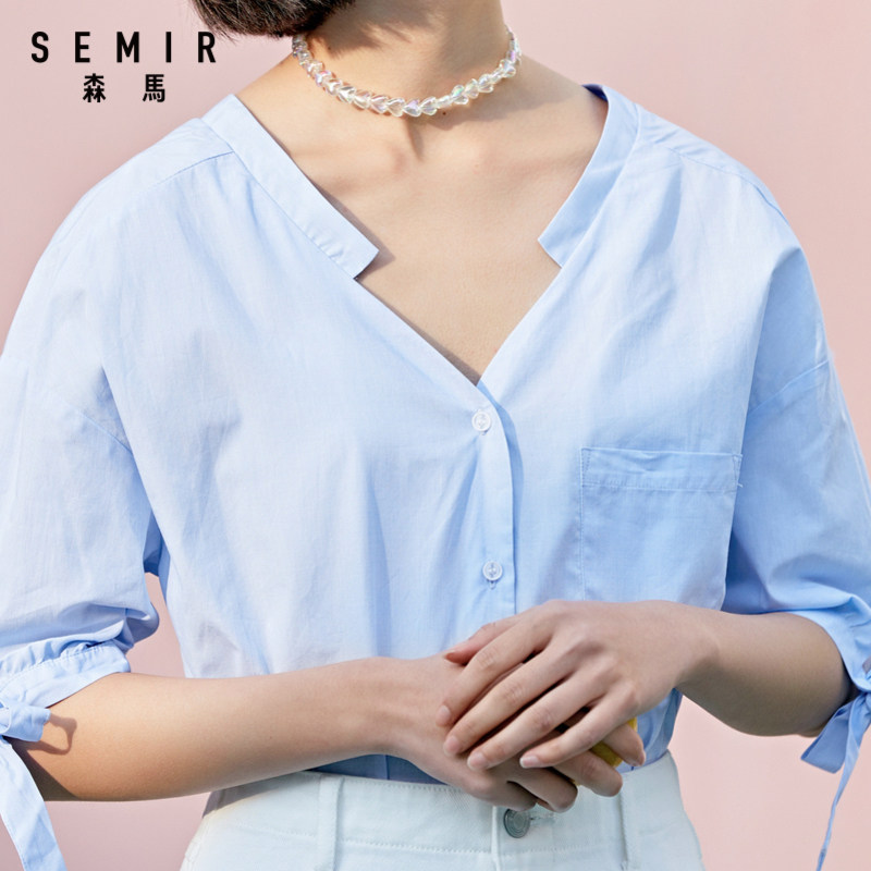 森马2020夏季新款纯棉短袖v领衬衫 森马outlets店衬衫