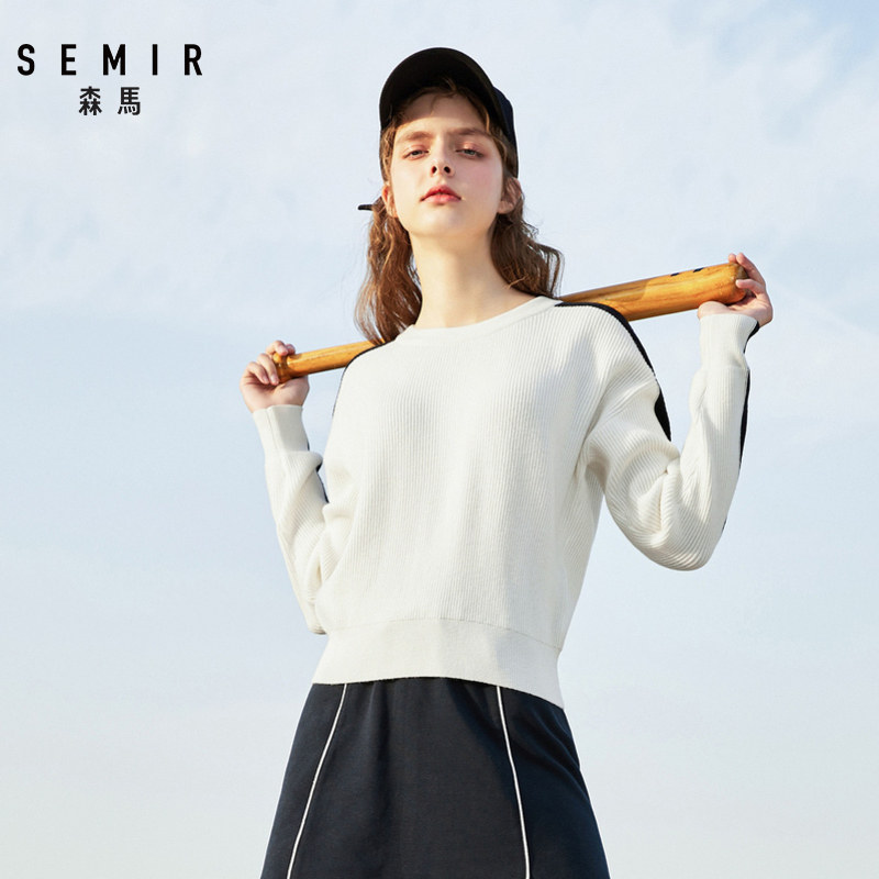 森马女撞色拼接圆领针织慵懒套头衫 森马outlets店毛衣