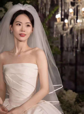 头纱新娘主婚纱双层包边长款拖尾拍照道具复古超仙森系公主法式女