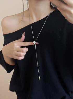 简约银色方块钛钢链可调节项链女