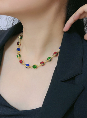 复古拼接女彩色琉璃项链