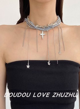 辣妹多层水晶串珠芒星十字架项链