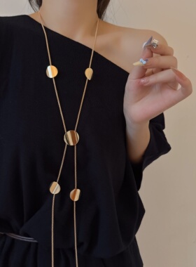 中古风金色圆片气质流苏项链长款