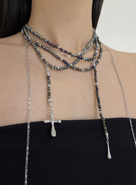 幻彩水晶串珠多层流苏十字架项链