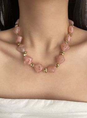 仙女风异形粉水晶不规则串珠项链