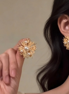 时髦夸张金色花朵珍珠项链耳环女