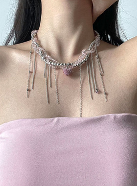 冷淡风时尚粉钻爱心流苏吊坠项链