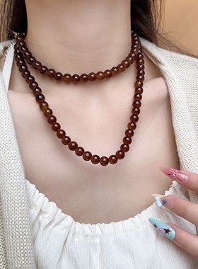 棕色珠子串珠项链长款女锁骨链女