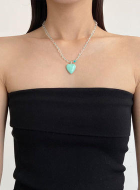薄荷绿爱心水晶串珠项链女锁骨链