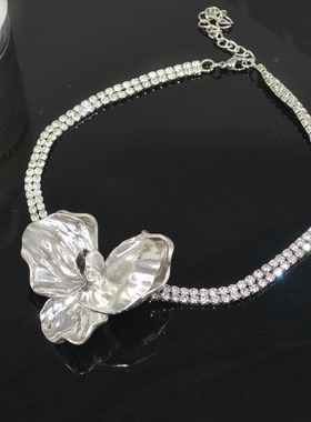 合金水钻女花朵闪钻项链锁骨链
