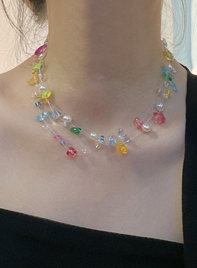 水晶多层彩色串珠多层锁骨链项链