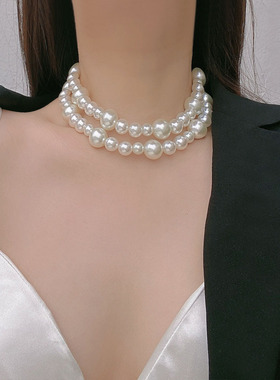 串珠双层女大小珍珠项链