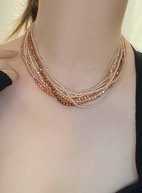 金属多层女水晶流苏锁骨链项链