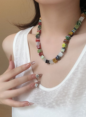 彩色串珠配饰叠戴锁骨项链颈链