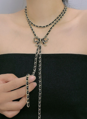 皮革金属链多层女蝴蝶结项链