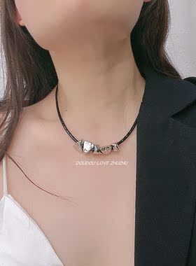 金属皮绳女几何碎石项链