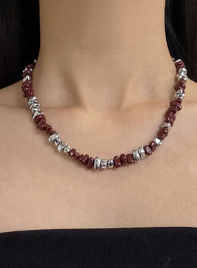 安可拉红碎银不规则串珠项链女