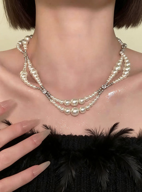 渐变大小珍珠串珠项链双层锁骨链