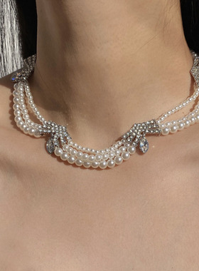 珍珠镶钻水滴多层叠戴女锁骨项链