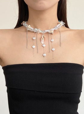 多层缠绕水晶串珠贝壳吊坠项链女