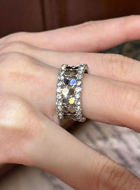 冷淡风宽版银色金属亮片戒指女款