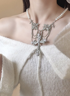 珍珠串珠十字架流苏夸张吊坠项链