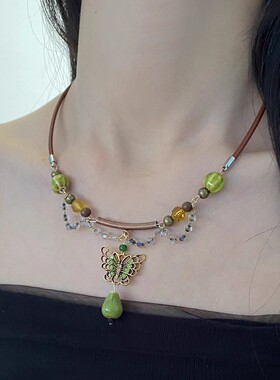 新中式复古个性绿钻蝴蝶吊坠项链